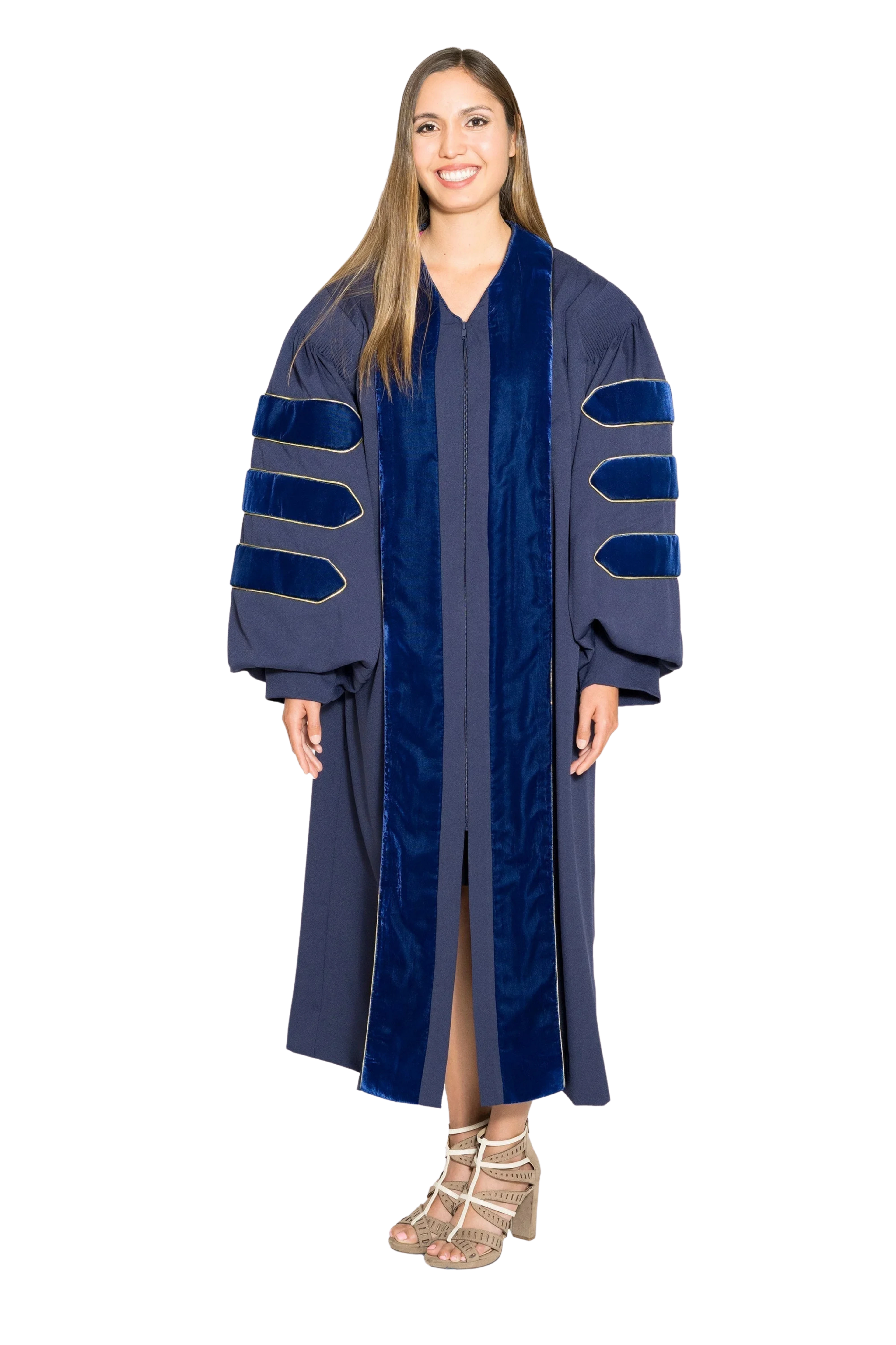 UC Irvine doctoral gown in official navy blue, featuring plush velvet panels, three velvet chevrons on bell sleeves, and premium tailored fabric designed to meet Intercollegiate Bureau of Academic Costume standards.