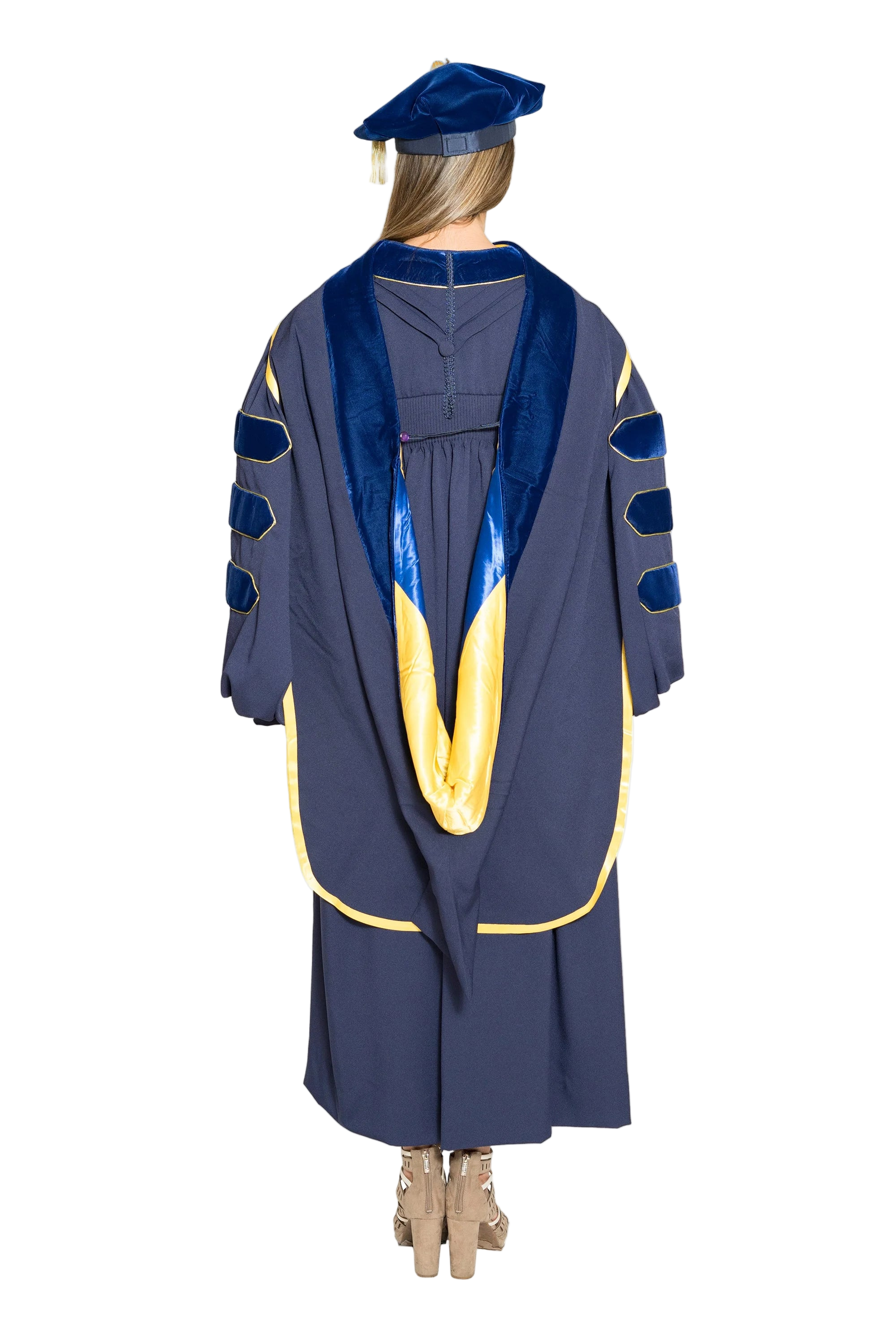 UC Merced doctoral hood with yellow and blue satin lining, blue velvet trim for PhD discipline, and premium tailored construction meeting Intercollegiate Bureau of Academic Costume standards.