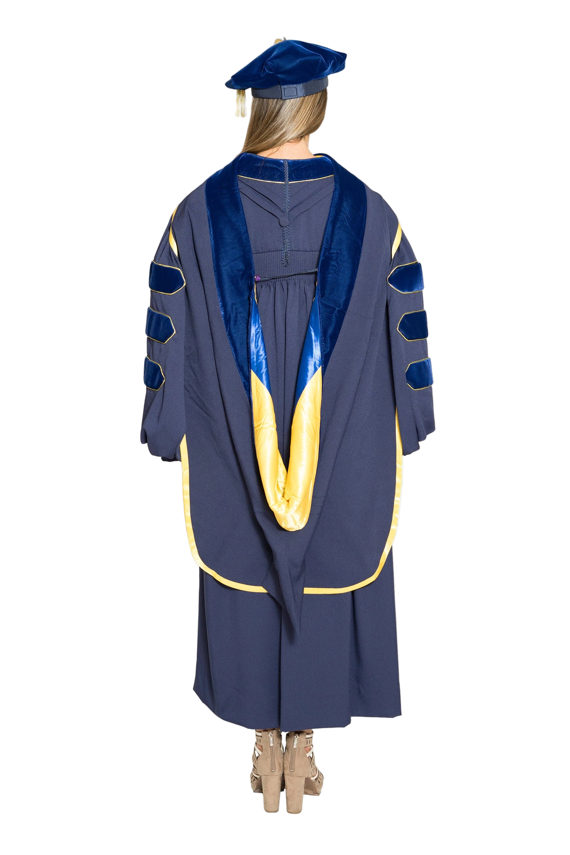 UC Riverside doctoral hood with yellow and blue satin lining, blue velvet trim for PhD discipline, and premium tailored construction meeting Intercollegiate Bureau of Academic Costume standards.