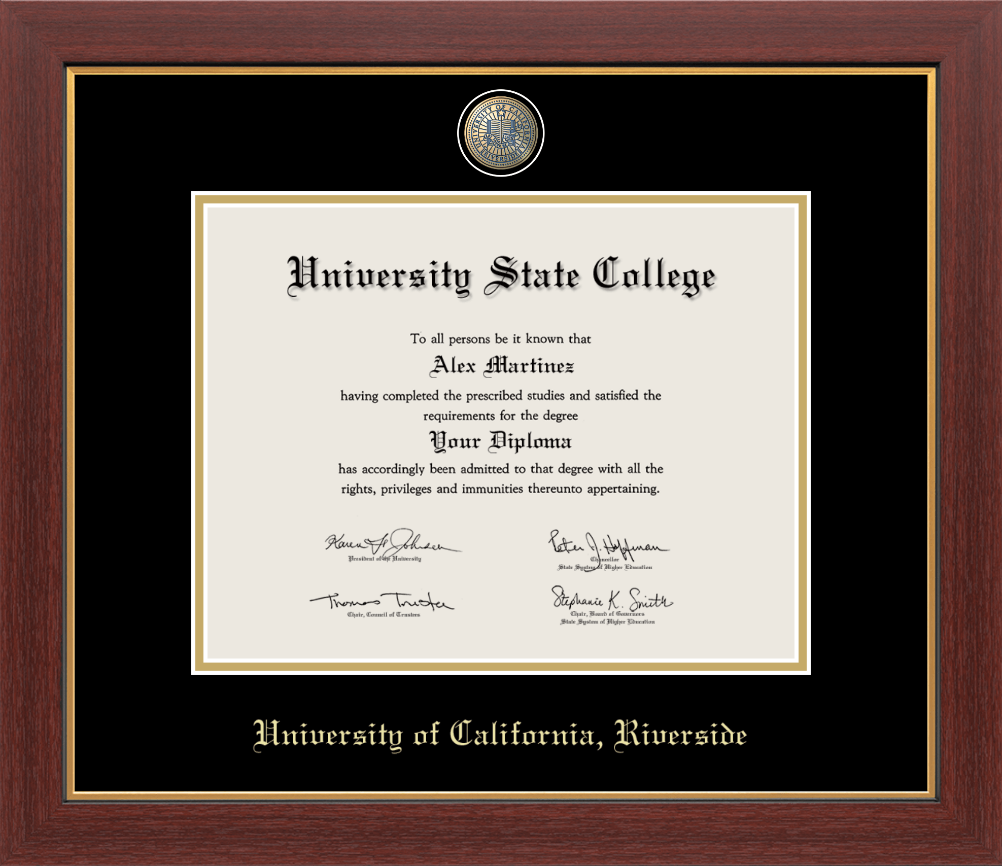 CAPGOWN | UC Riverside Medallion Diploma Frame for Doctoral Graduates. Designed and made in USA.