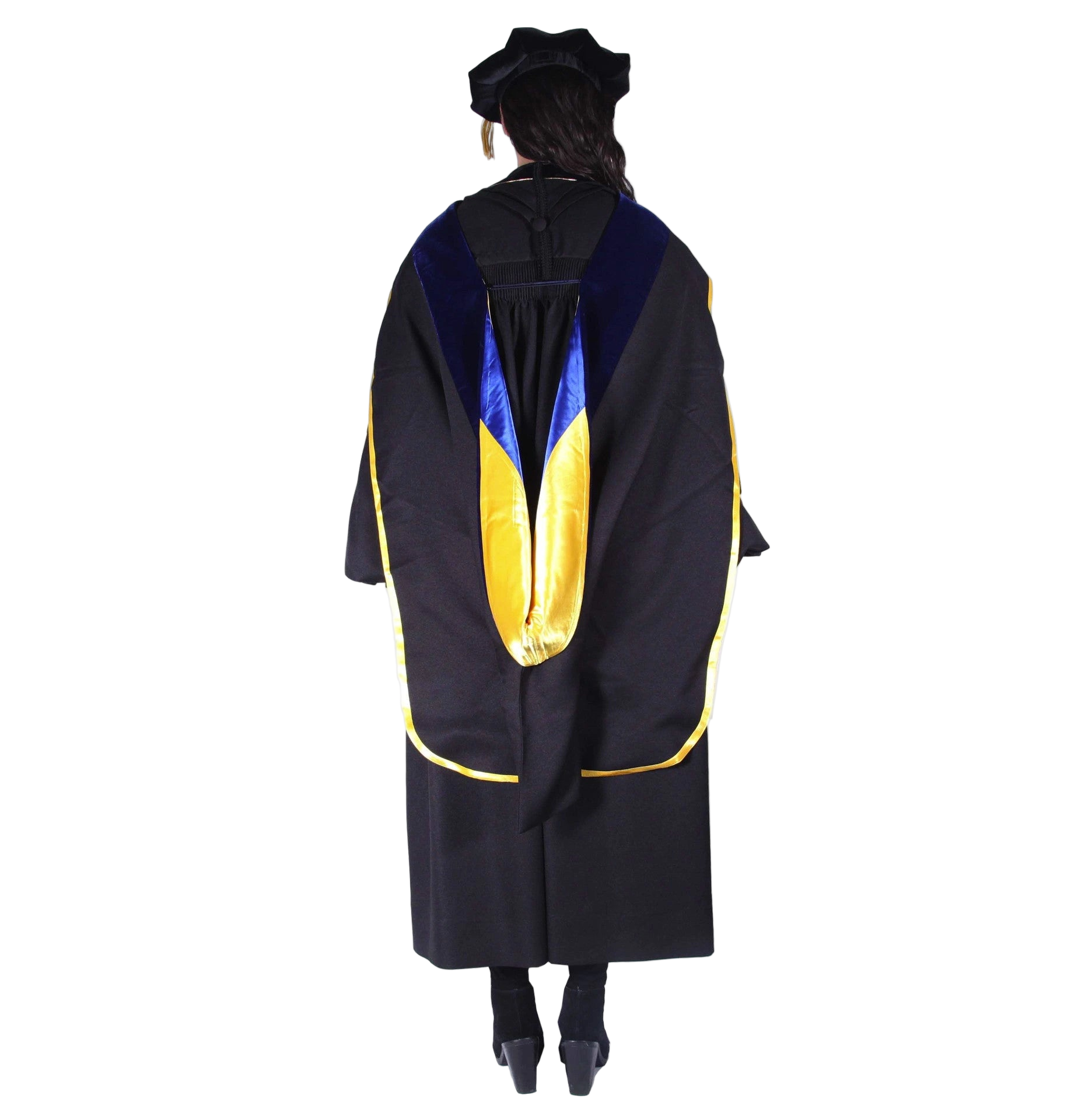 UC San Diego doctoral hood with yellow and blue satin lining, blue velvet trim for PhD discipline, and premium tailored construction meeting Intercollegiate Bureau of Academic Costume standards.