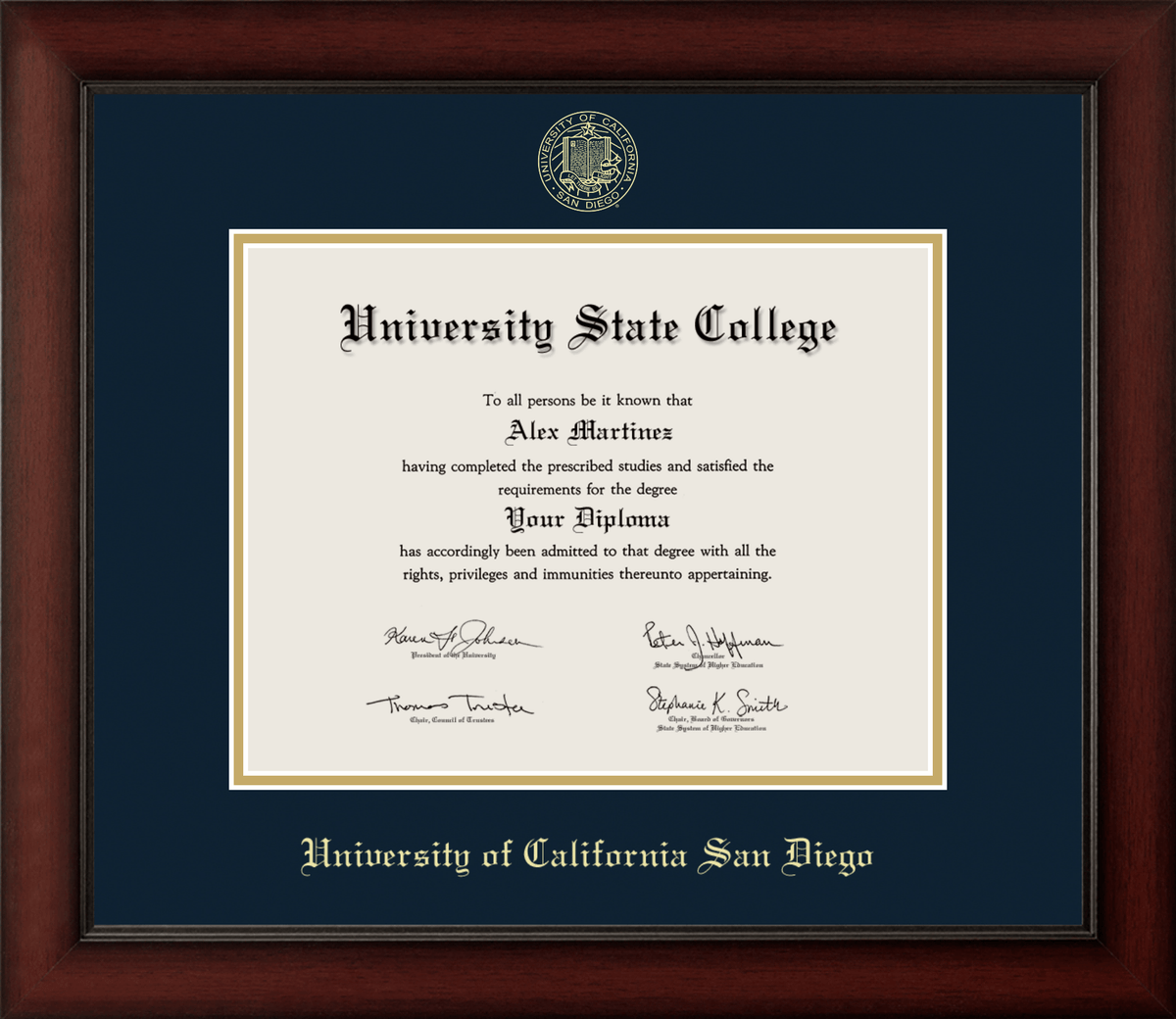 Marco de diploma de madera de cerezo de UC San Diego 