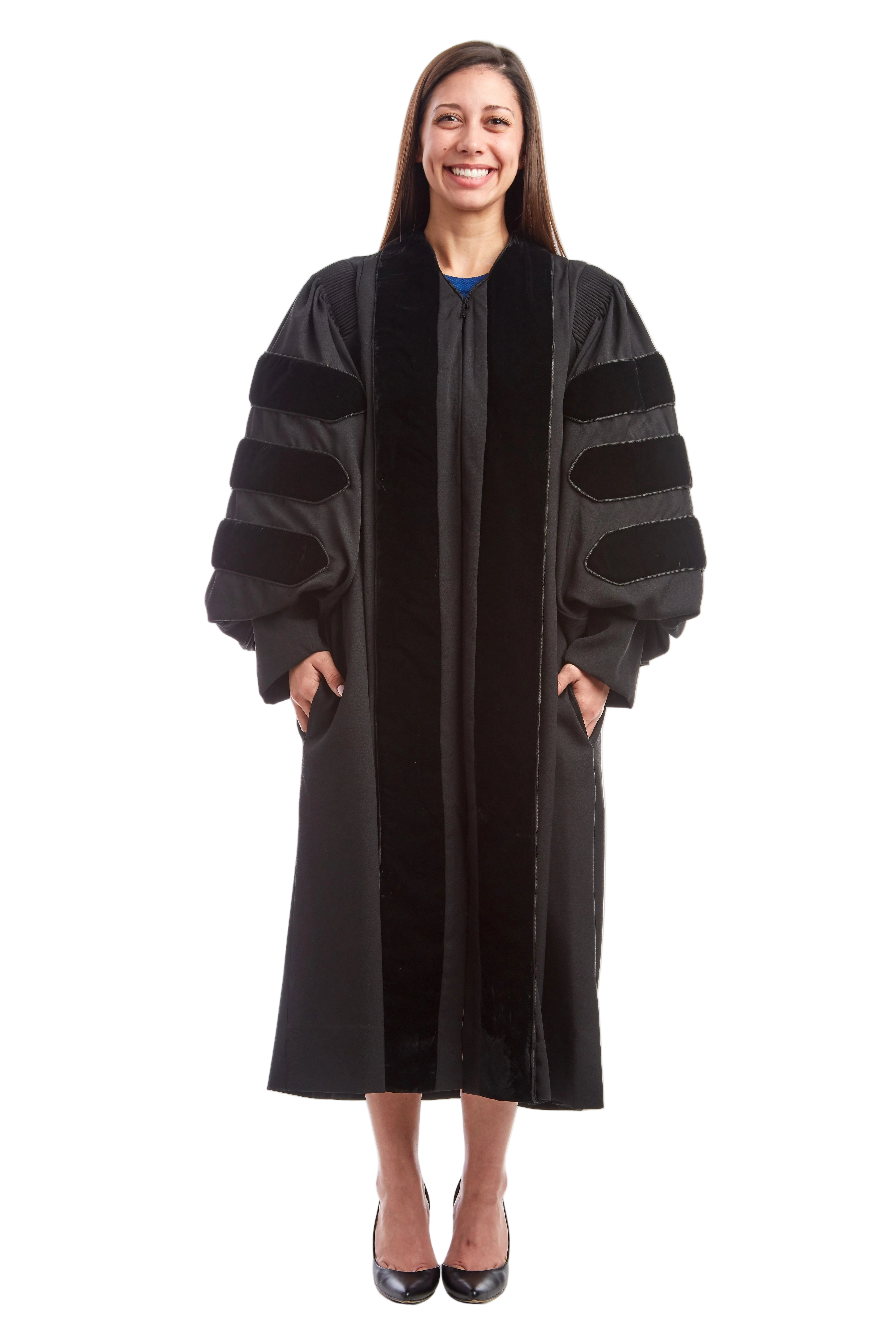 UC San Diego doctoral gown in official black, featuring plush velvet panels, three velvet chevrons on bell sleeves, and premium tailored fabric designed to meet Intercollegiate Bureau of Academic Costume standards.