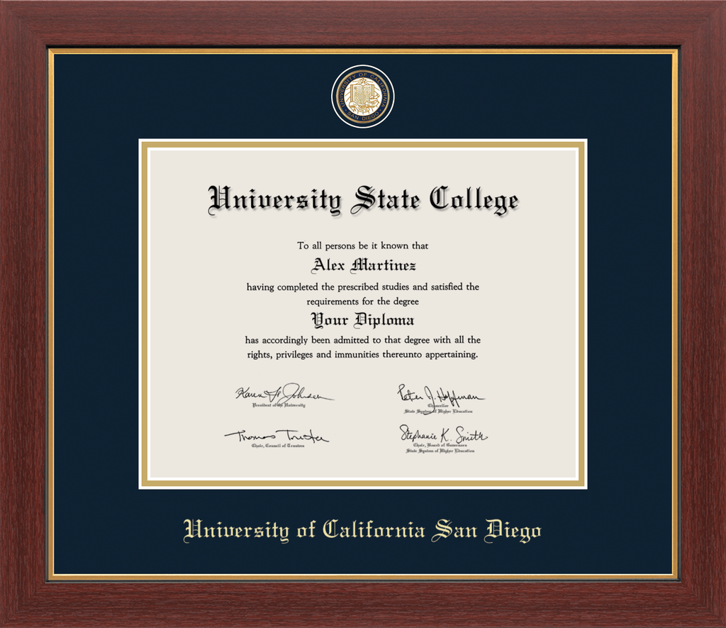 CAPGOWN | UC San Diego Medallion Diploma Frame for Doctoral Graduates. Designed and made in USA.