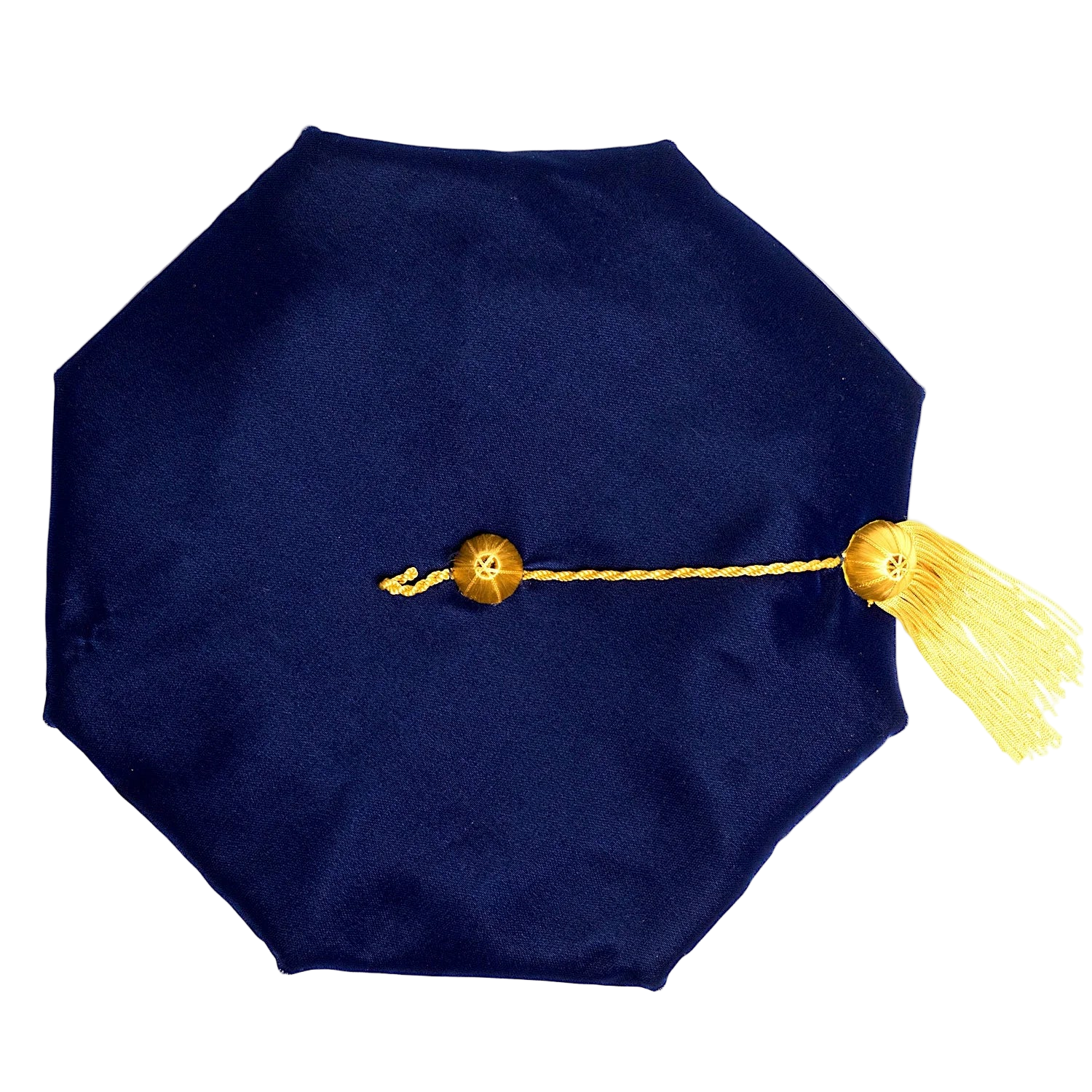 UC San Francisco blue eight-sided doctoral tam with gold bullion tassel, crafted in plush velvet for distinguished academic tradition.