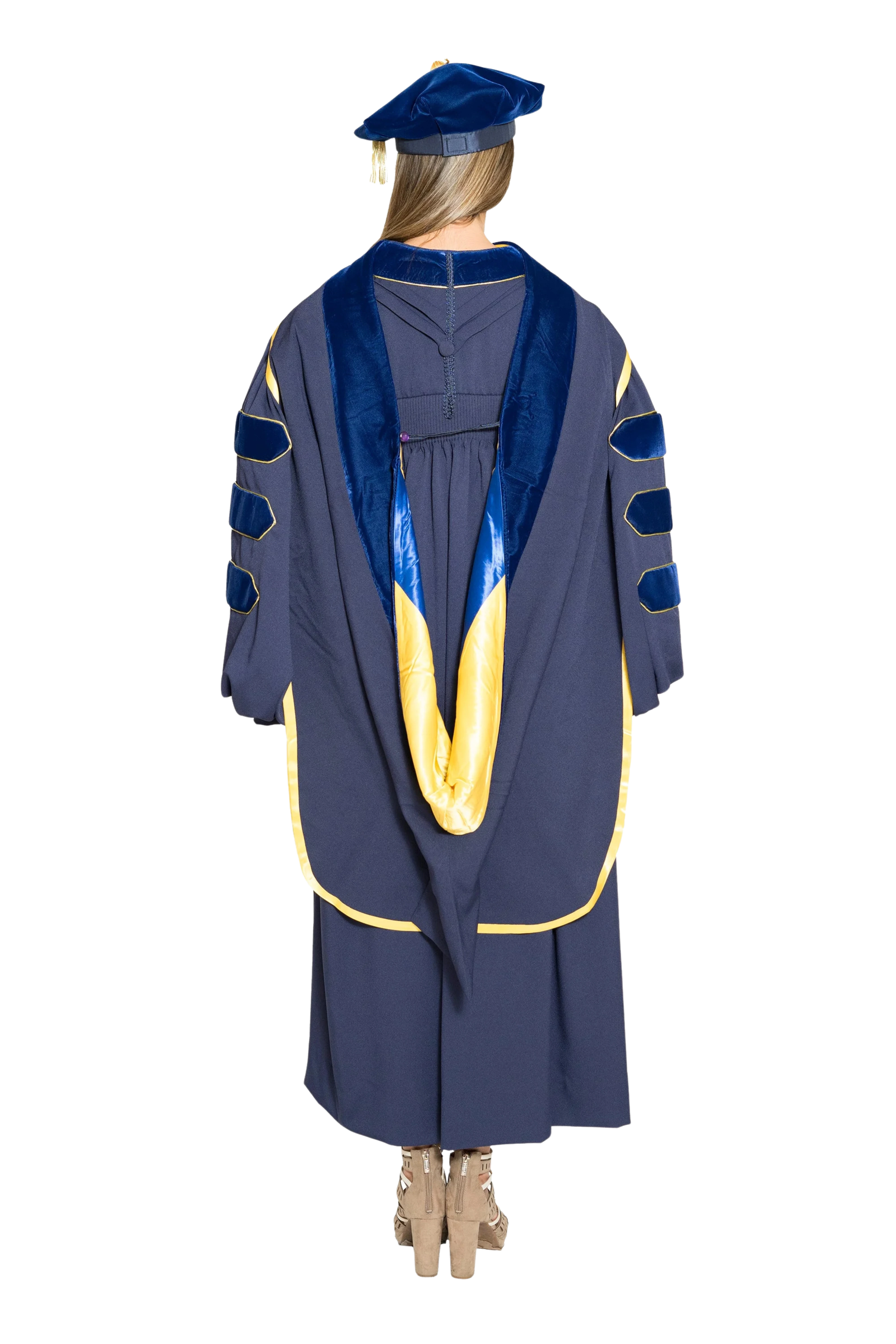 UC Santa Cruz doctoral hood with yellow and blue satin lining, blue velvet trim for PhD discipline, and premium tailored construction meeting Intercollegiate Bureau of Academic Costume standards.