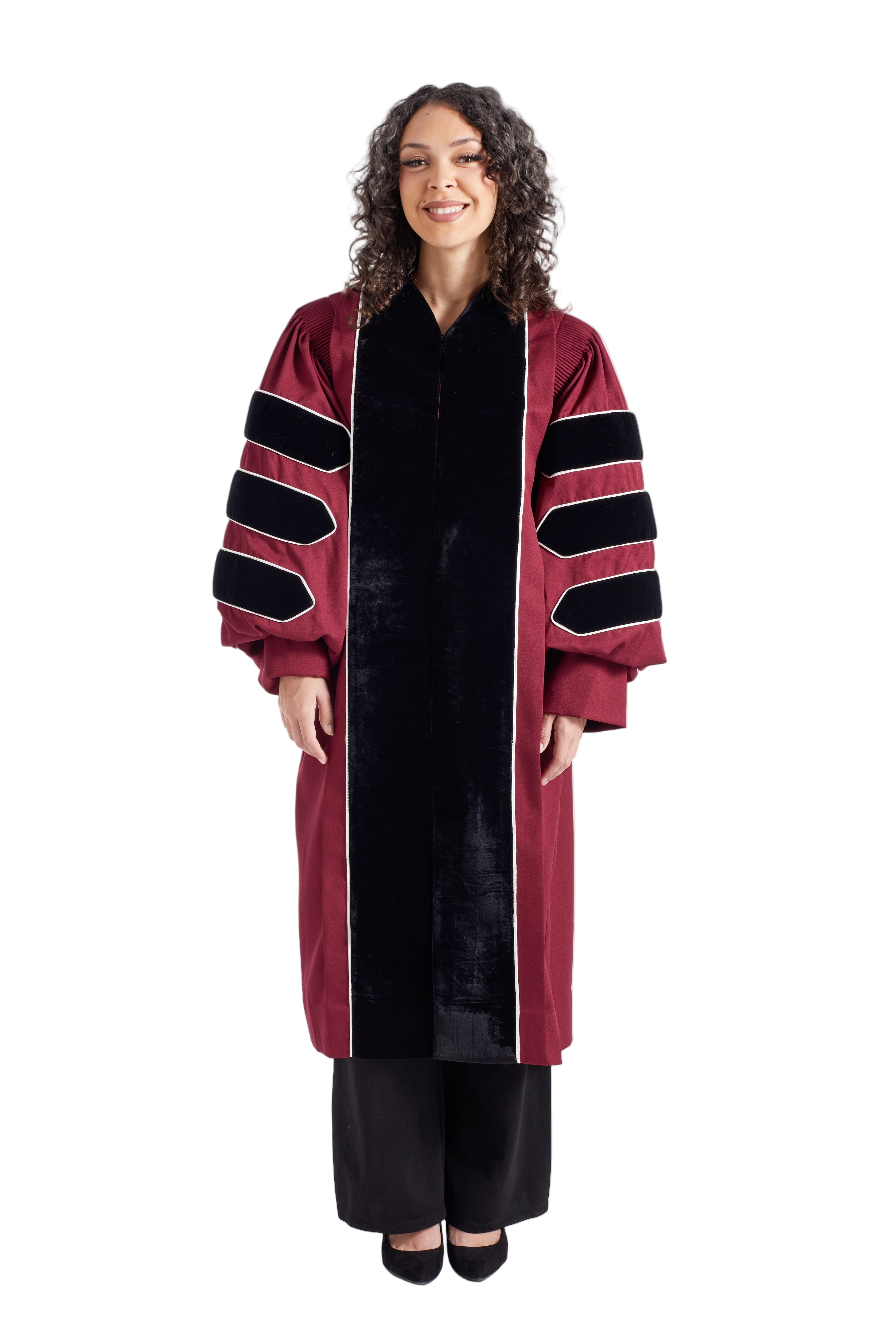University of Missouri doctoral gown in official black and maroon, featuring plush velvet panels, three velvet chevrons on bell sleeves, and premium tailored fabric designed to meet Intercollegiate Bureau of Academic Costume standards.