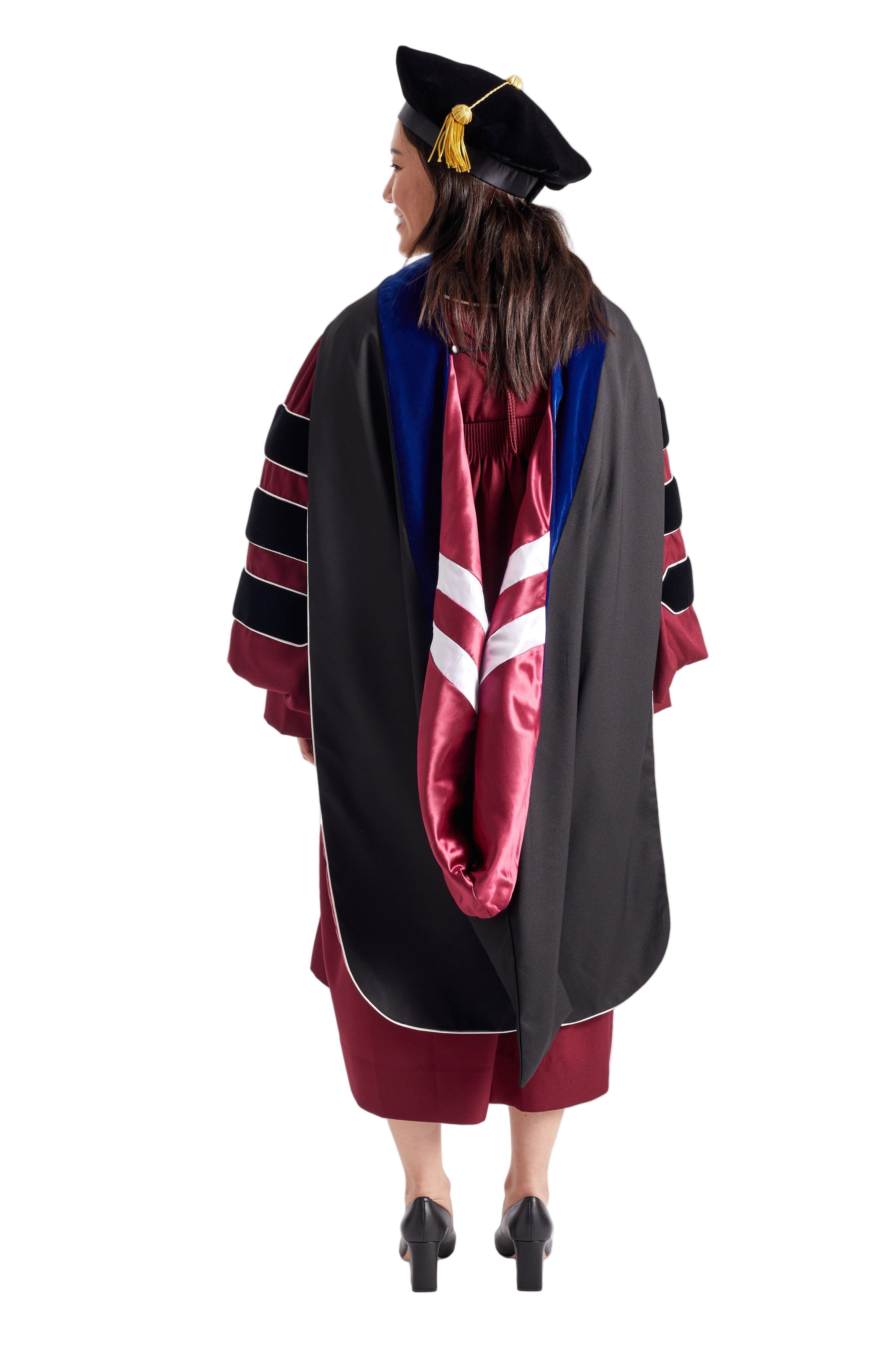 UMass doctoral hood with maroon and two-stripe white satin lining, blue velvet trim for PhD discipline, and premium tailored construction meeting Intercollegiate Bureau of Academic Costume standards.