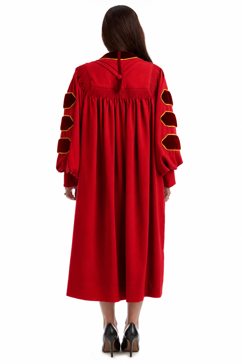 USC custom cardinal doctoral gown with velvet accents and torch lapel embroidery