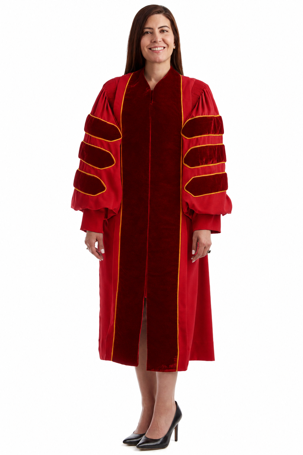 USC custom cardinal doctoral gown with velvet accents and torch lapel embroidery