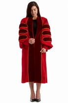 USC custom cardinal doctoral gown with velvet accents and torch lapel embroidery