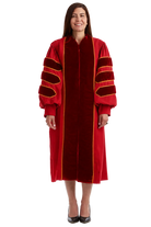 USC custom cardinal doctoral gown with velvet accents and torch lapel embroidery