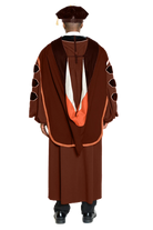 UT Austin doctoral hood with copper and white satin lining, brown velvet trim for PhD discipline, and premium tailored construction meeting Intercollegiate Bureau of Academic Costume standards.