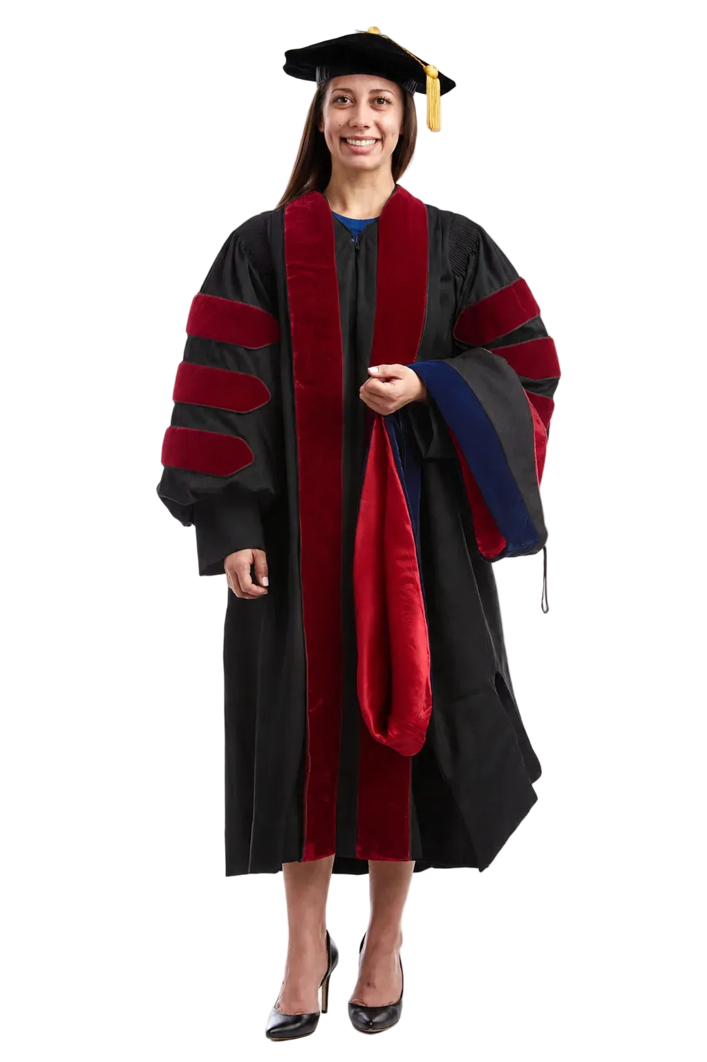 UW–Madison doctoral hood with cardinal-red satin lining and blue Ph.D. velvet trim