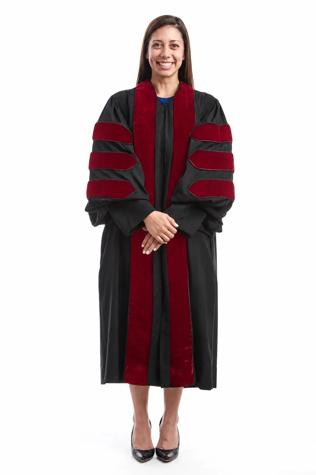 University of New Mexico doctoral gown red velvet front-panel detail