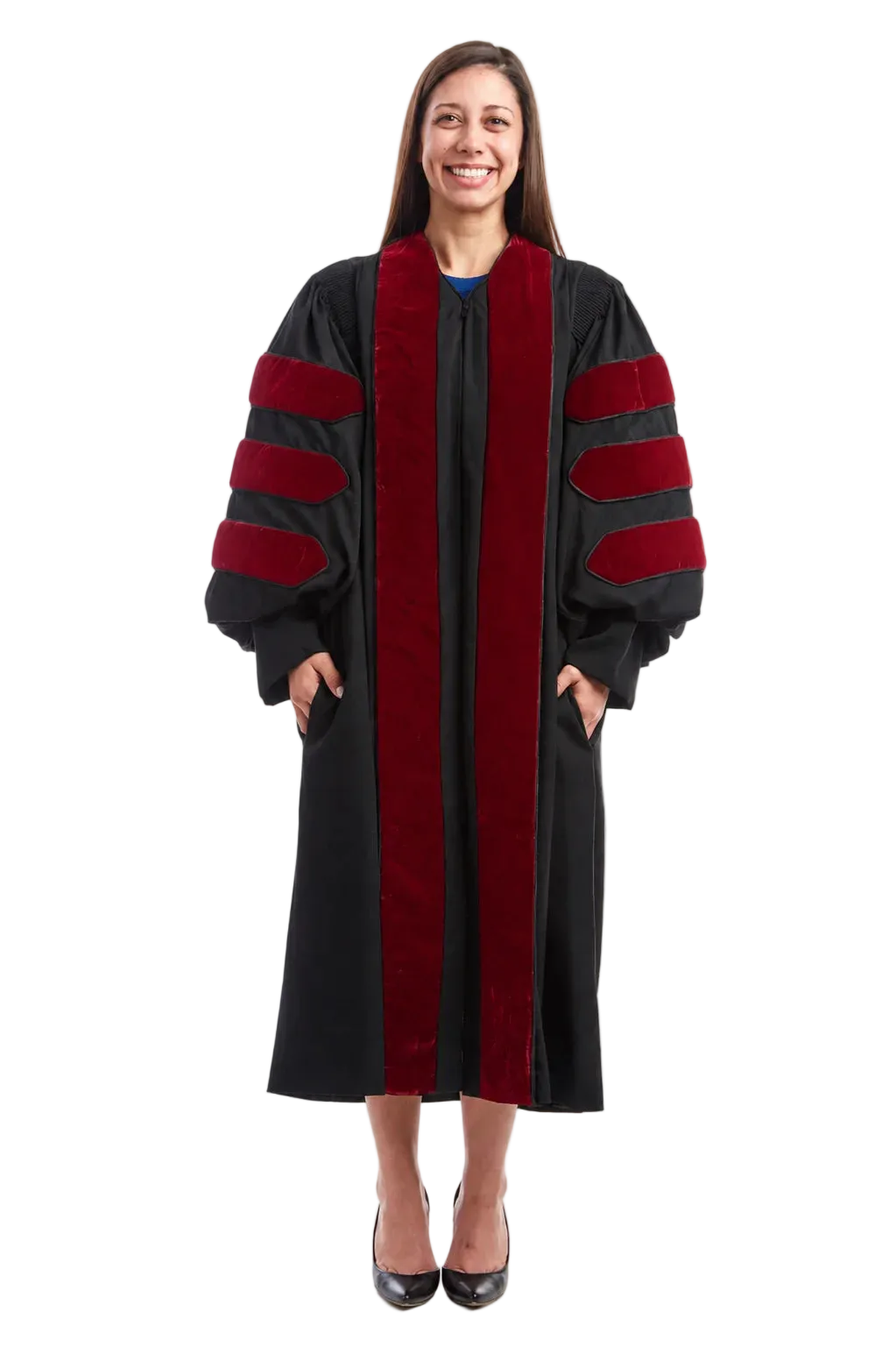 UW–Madison black doctoral gown with cardinal-red velvet panels and sleeve chevrons