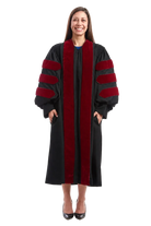 University of New Mexico black doctoral gown with red velvet panels and sleeve chevrons