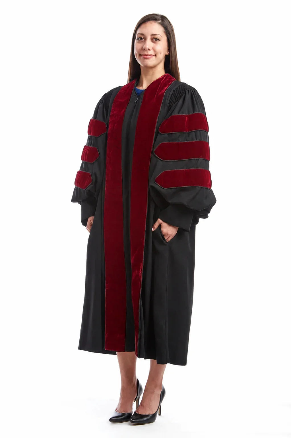 University of New Mexico doctoral gown bell sleeve and velvet chevron detail