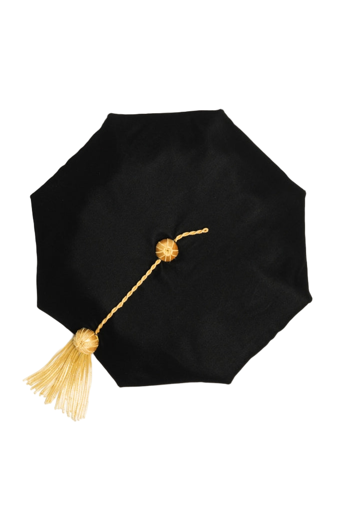 UW Madison black eight-sided doctoral tam with gold bullion tassel, crafted in plush velvet for distinguished academic tradition.