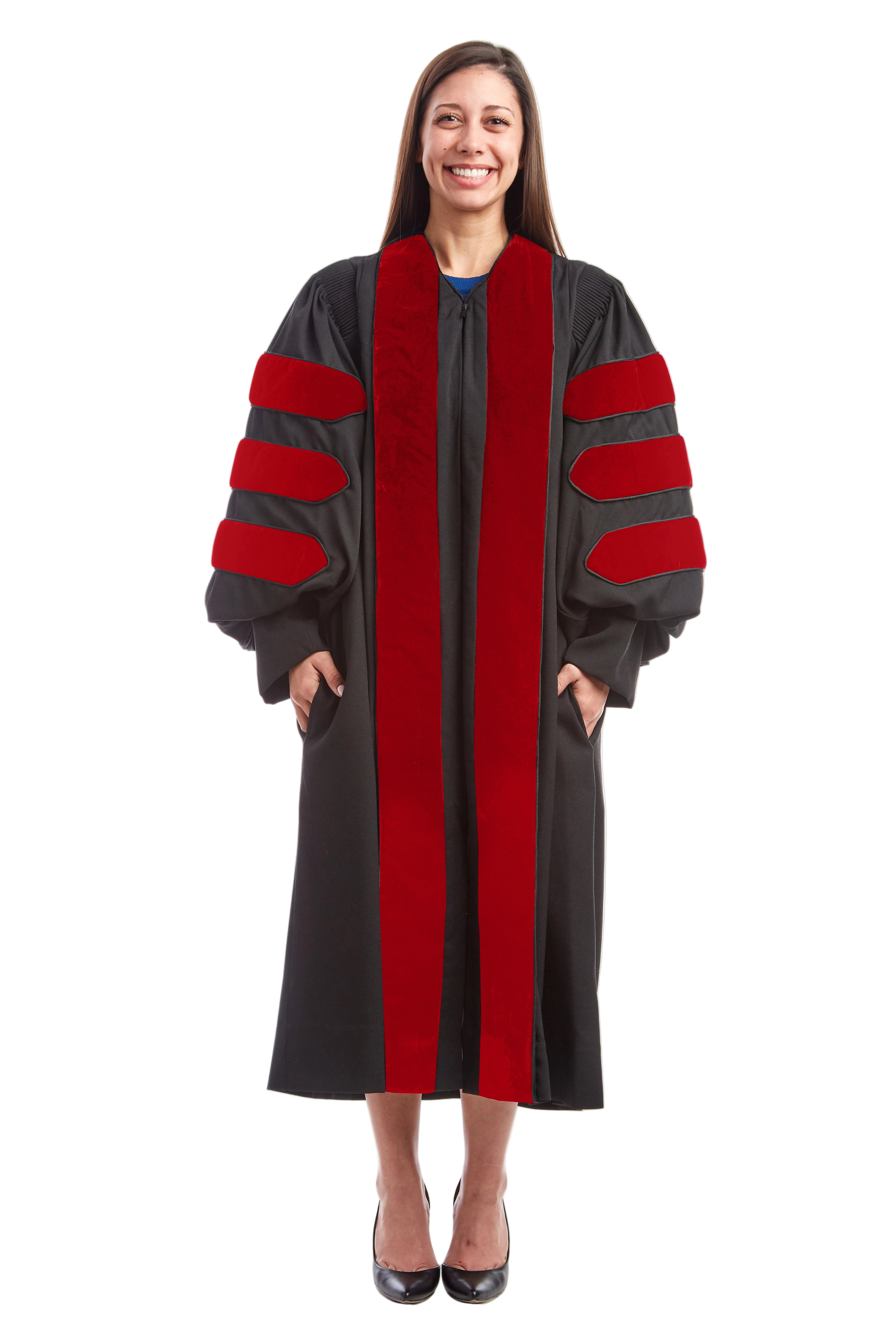 UW Madison doctoral gown in official red and black, featuring plush velvet panels, three velvet chevrons on bell sleeves, and premium tailored fabric designed to meet Intercollegiate Bureau of Academic Costume standards.