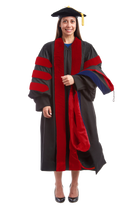 UW Madison doctoral hood with red satin lining, blue velvet trim for PhD discipline, and premium tailored construction meeting Intercollegiate Bureau of Academic Costume standards.