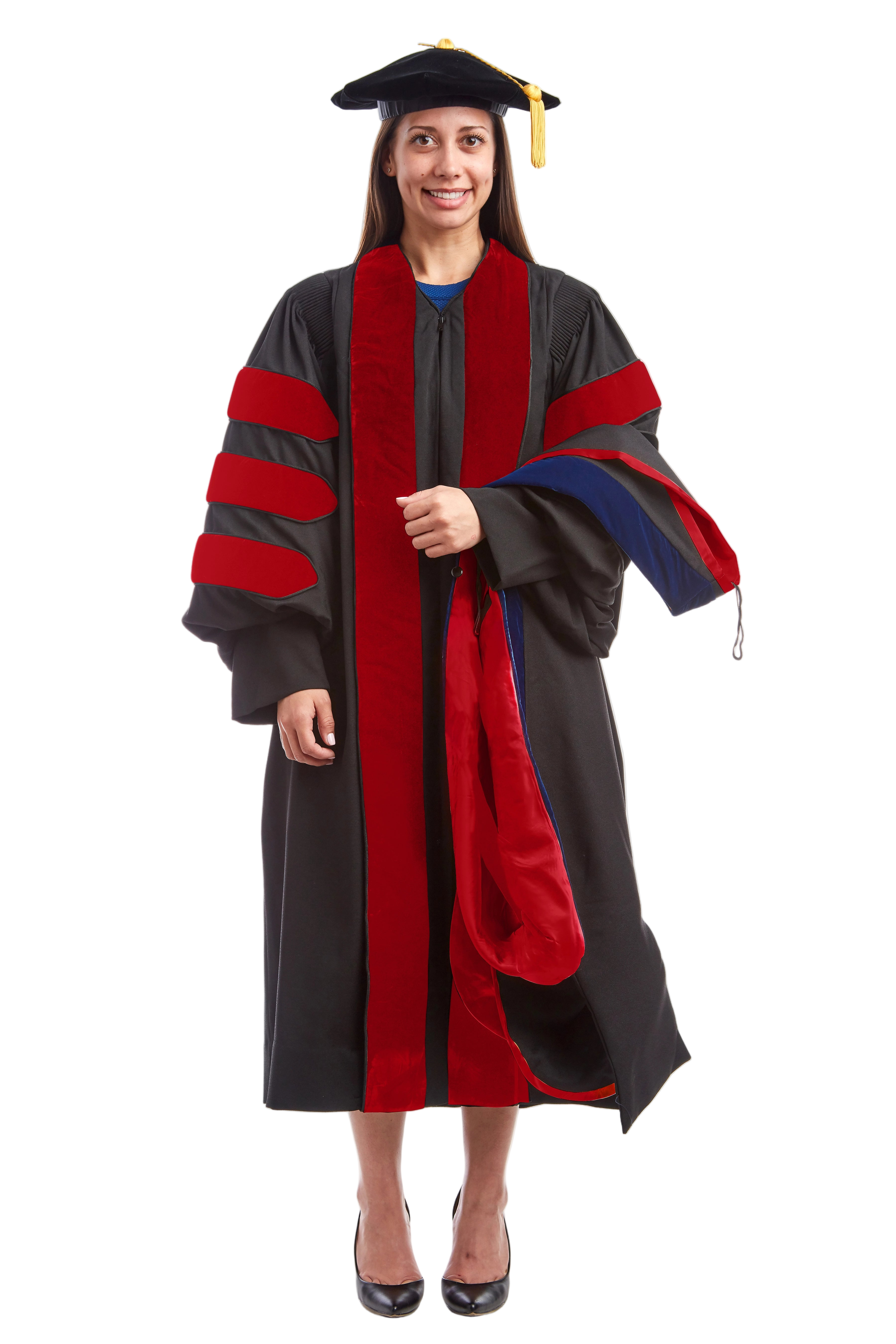 UW Madison doctoral hood with red satin lining, blue velvet trim for PhD discipline, and premium tailored construction meeting Intercollegiate Bureau of Academic Costume standards.