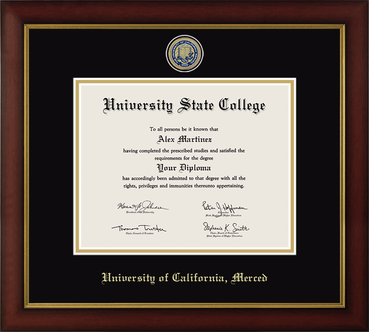 CAPGOWN | UC Merced Medallion Diploma Frame for Doctoral Graduates. Designed and made in USA.