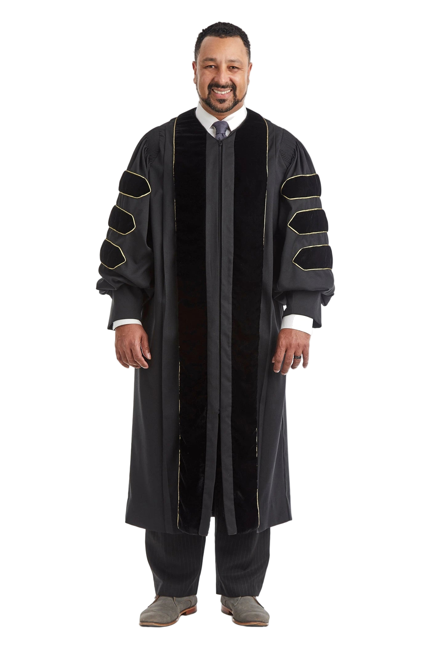 University of Colorado Boulder doctoral gown in official black, featuring plush velvet panels, three velvet chevrons on bell sleeves, and premium tailored fabric designed to meet Intercollegiate Bureau of Academic Costume standards.