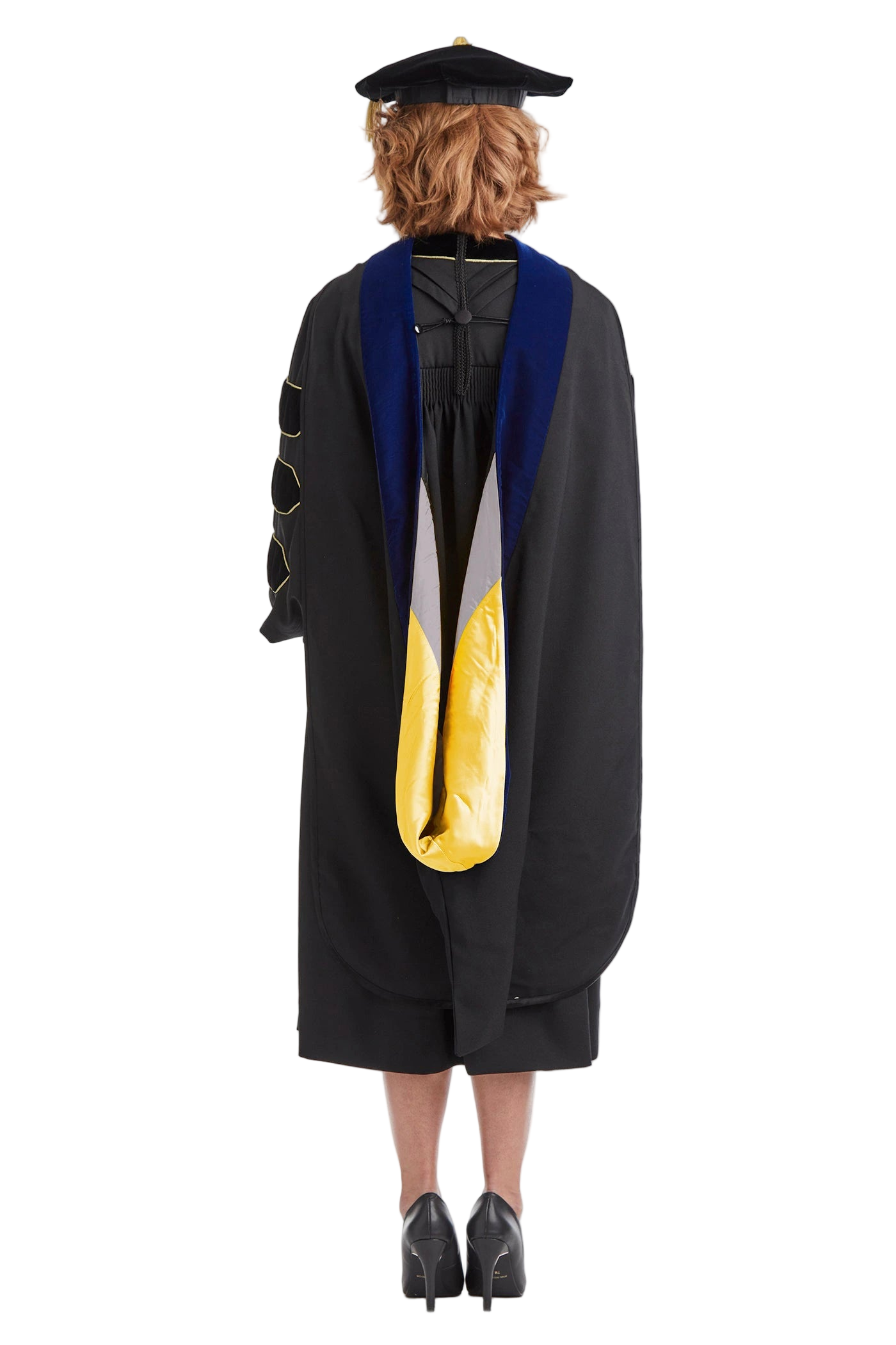 University of Colorado Boulder doctoral hood with yellow and black satin lining, blue velvet trim for PhD discipline, and premium tailored construction meeting Intercollegiate Bureau of Academic Costume standards.