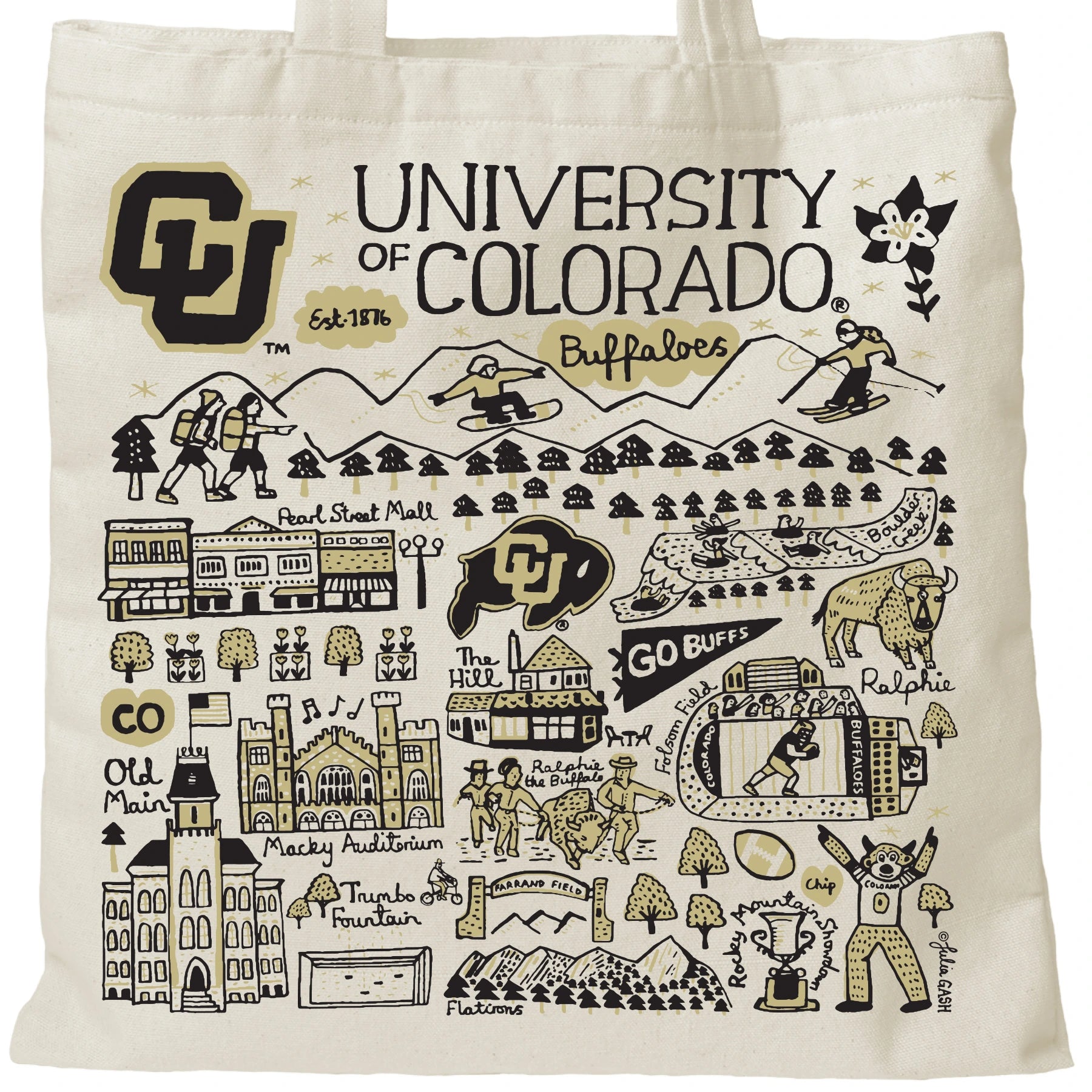 University of Colorado Boulder tote bag with landmark drawings | CAPGOWN