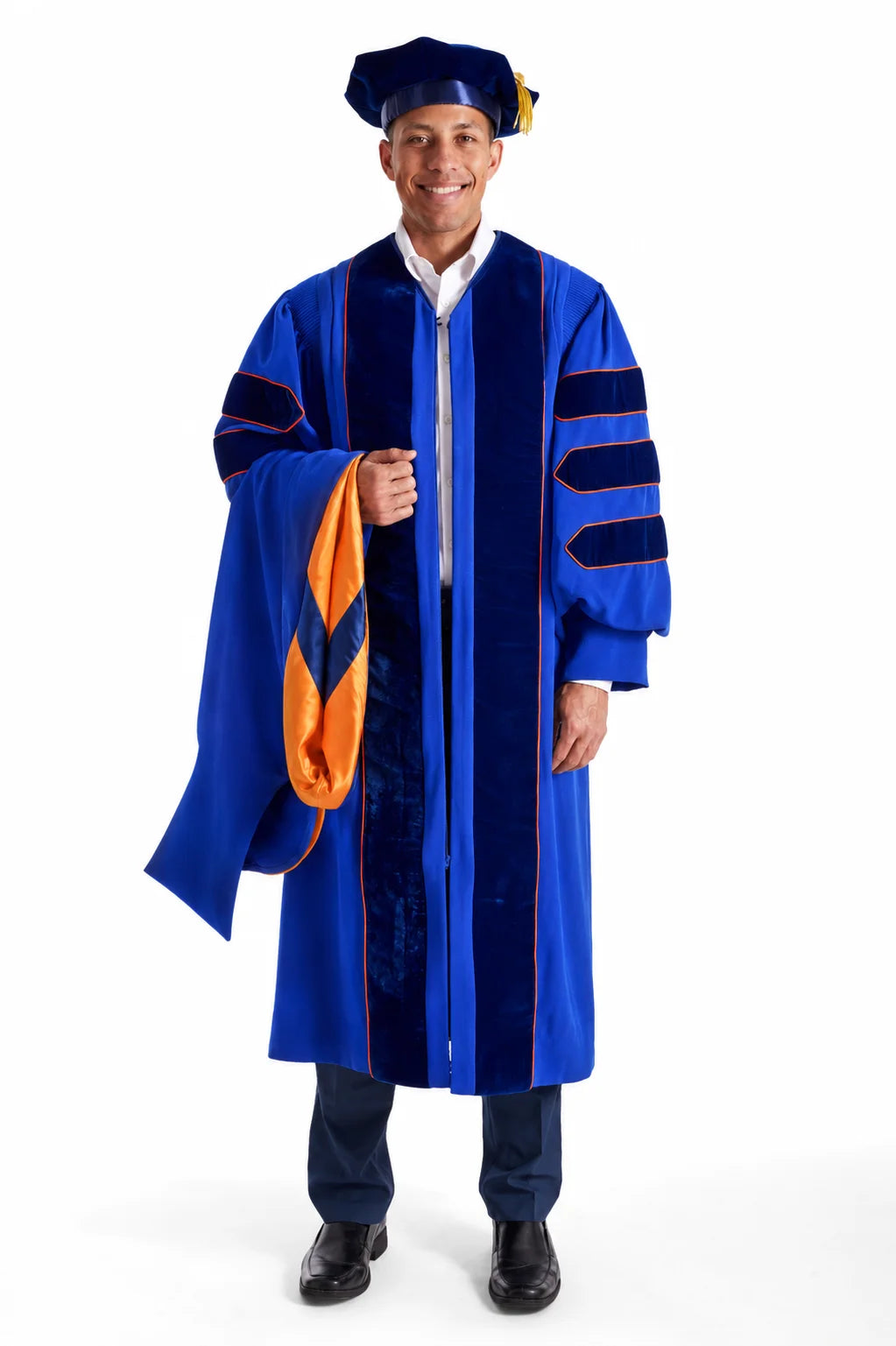 University of Florida Ph.D. doctoral hood with royal blue velvet trim, orange satin lining, and blue chevron