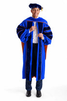 Complete University of Florida doctoral regalia with blue gown, hood, and tam