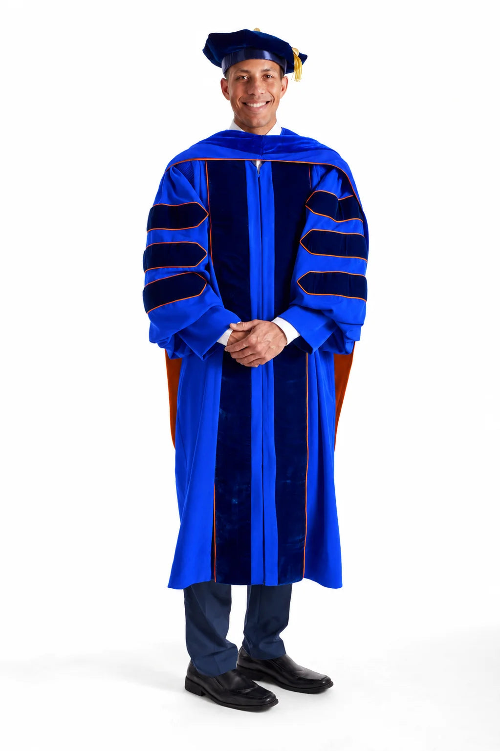 Complete University of Florida doctoral regalia with blue gown, hood, and tam
