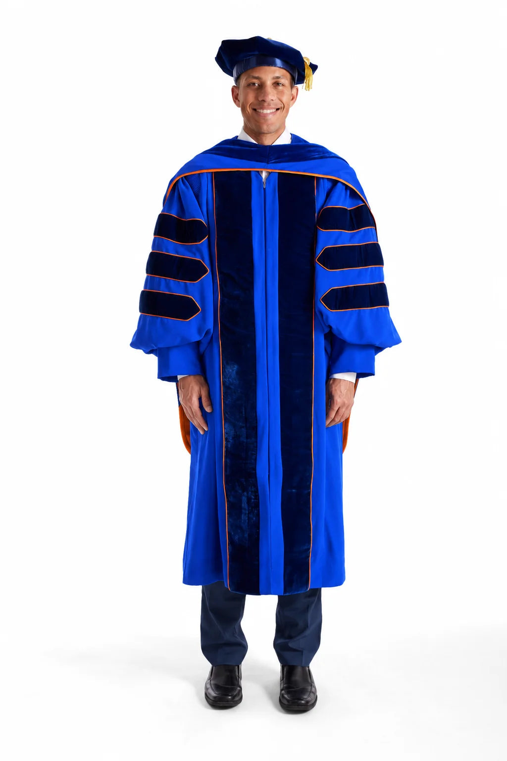 Complete University of Florida doctoral regalia with blue gown, hood, and tam