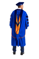 University of Florida Ph.D. doctoral hood with royal blue velvet trim, orange satin lining, and blue chevron