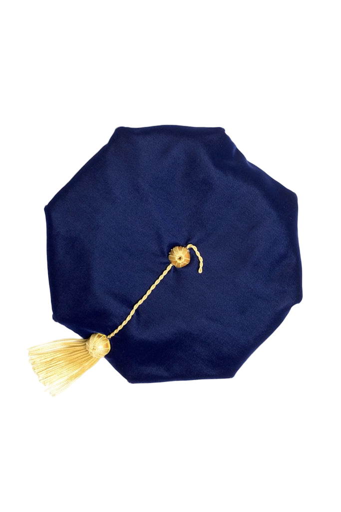 University of Illinois blue eight-sided doctoral tam with gold bullion tassel, crafted in plush velvet for distinguished academic tradition.