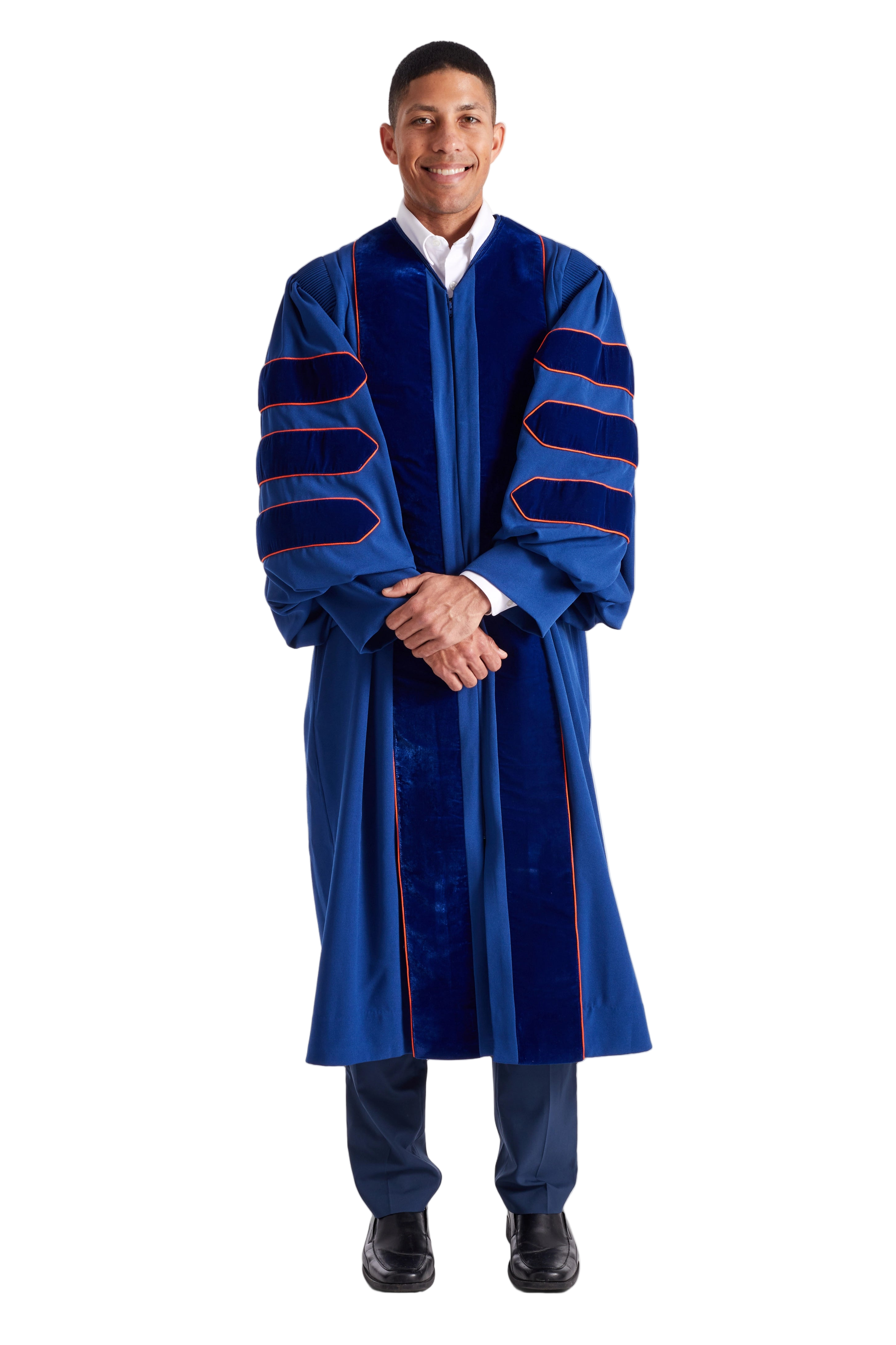 University of Illinois doctoral gown in official blue, featuring plush velvet panels, three velvet chevrons on bell sleeves, and premium tailored fabric designed to meet Intercollegiate Bureau of Academic Costume standards.