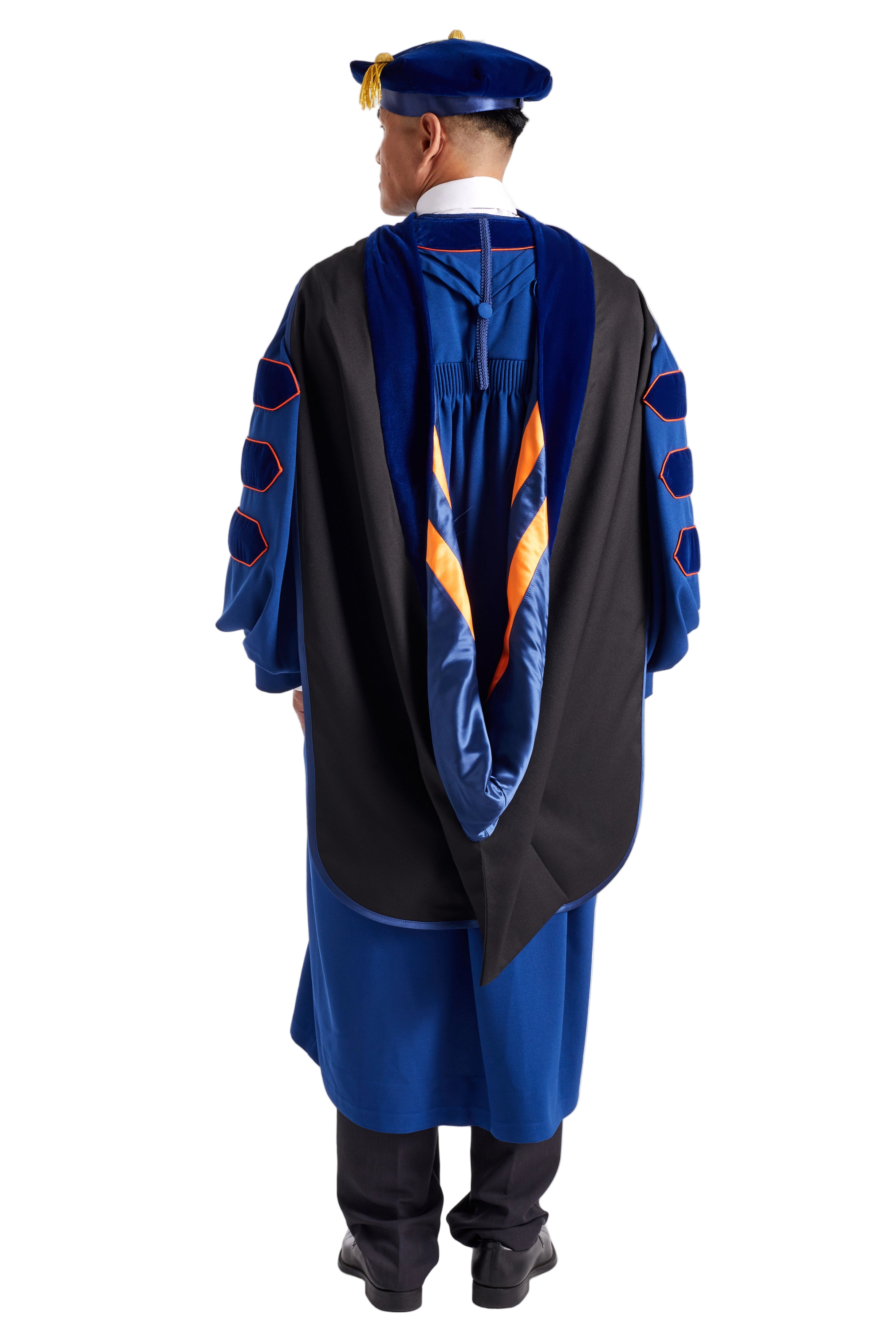 University of Illinois doctoral hood with blue and two-stripe orange satin lining, blue velvet trim for PhD discipline, and premium tailored construction meeting Intercollegiate Bureau of Academic Costume standards.