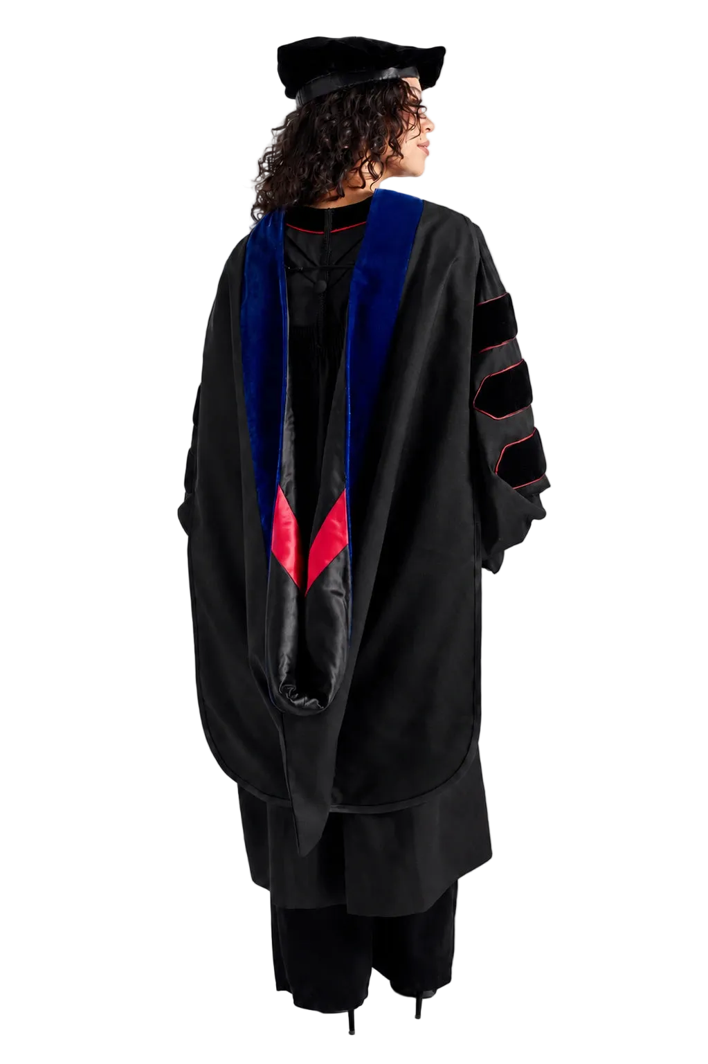 University of Louisville doctoral hood with royal blue velvet trim and black-and-red satin lining