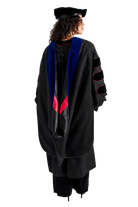 University of Louisville doctoral hood with royal blue velvet trim and black-and-red satin lining
