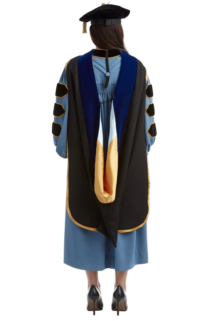 University of Michigan doctoral hood with light blue and yellow satin lining, blue velvet trim for PhD discipline, and premium tailored construction meeting Intercollegiate Bureau of Academic Costume standards.