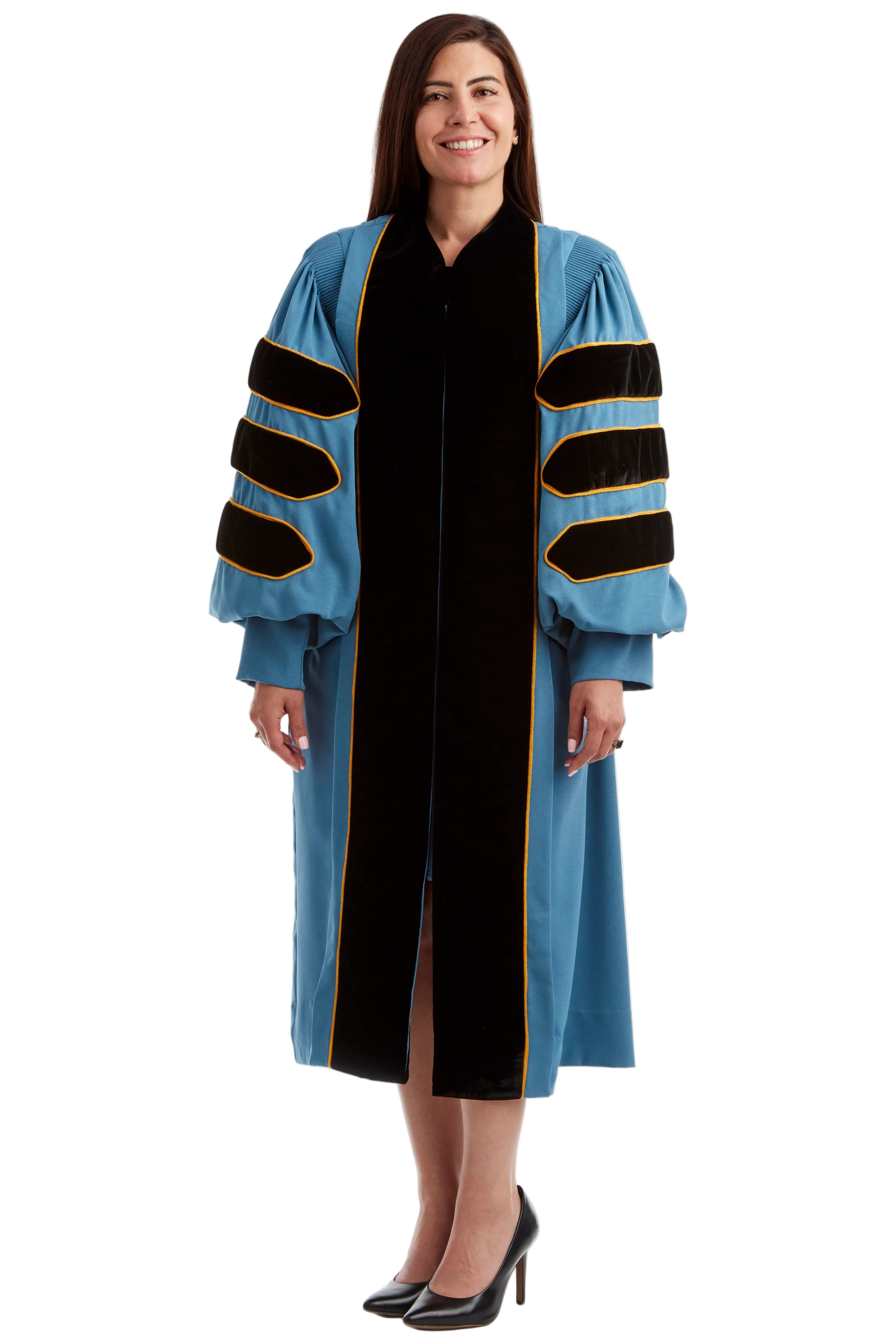University of Michigan doctoral gown in official black & light blue, featuring plush velvet panels, three velvet chevrons on bell sleeves, and premium tailored fabric designed to meet Intercollegiate Bureau of Academic Costume standards.