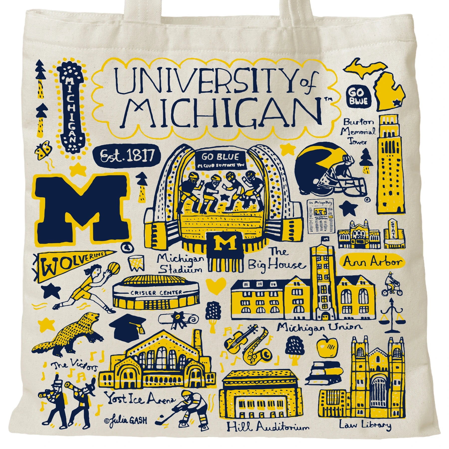 University of Michigan tote bag with landmark drawings | CAPGOWN