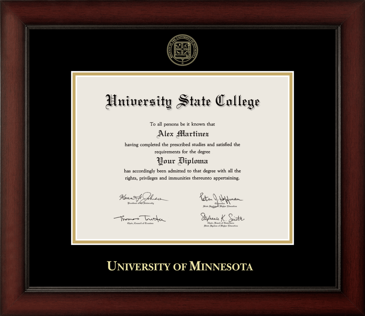 Marco de diploma de madera de cerezo de la Universidad de Minnesota 