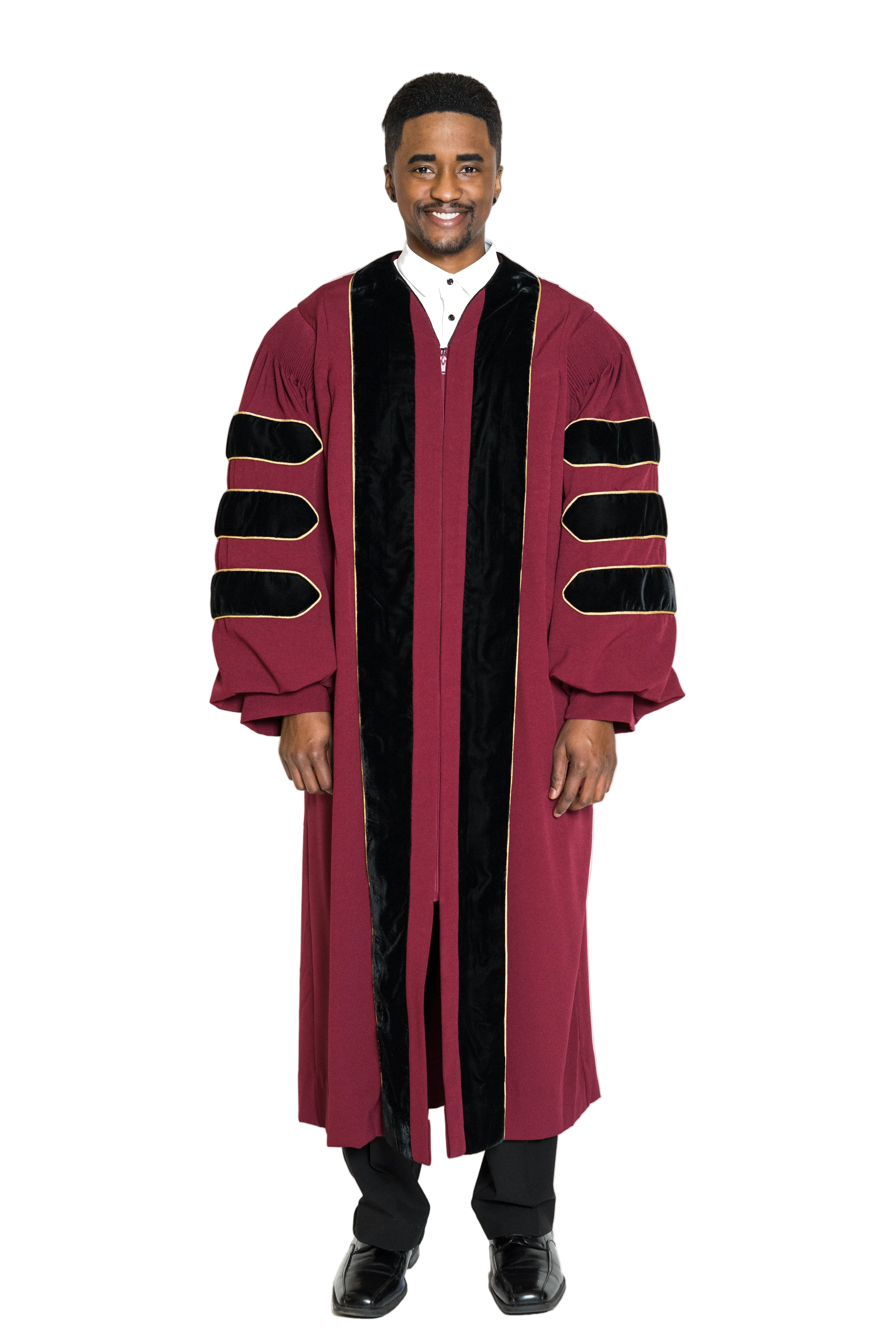 University of Minnesota doctoral gown in official maroon and black, featuring plush velvet panels, three velvet chevrons on bell sleeves, and premium tailored fabric designed to meet Intercollegiate Bureau of Academic Costume standards.