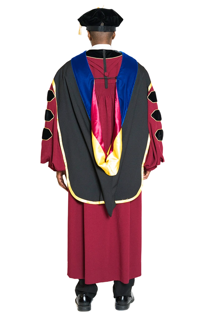 University of Minnesota doctoral hood with yellow and maroon satin lining, blue velvet trim for PhD discipline, and premium tailored construction meeting Intercollegiate Bureau of Academic Costume standards.