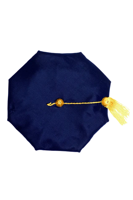 University of Pennsylvania blue eight-sided doctoral tam with gold bullion tassel, crafted in plush velvet for distinguished academic tradition.