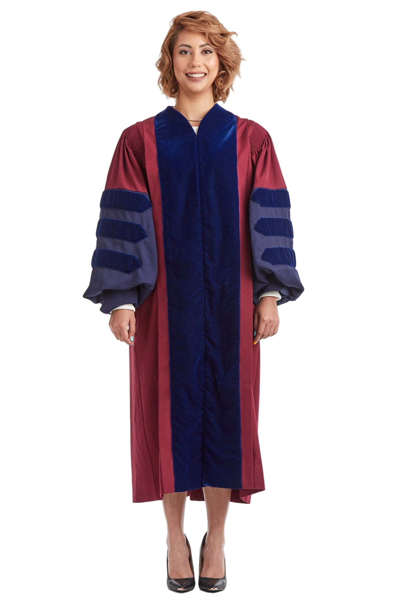 University of Pennsylvania doctoral gown in official navy and maroon, featuring plush velvet panels, three velvet chevrons on bell sleeves, and premium tailored fabric designed to meet Intercollegiate Bureau of Academic Costume standards.