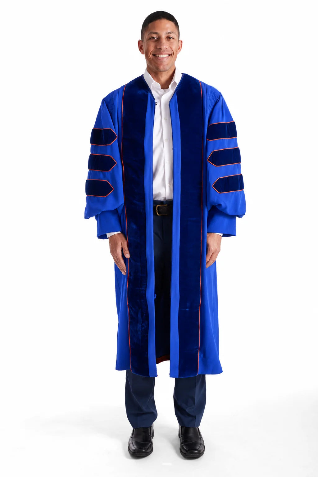 University of Florida blue doctoral gown with blue velvet panels and orange piping