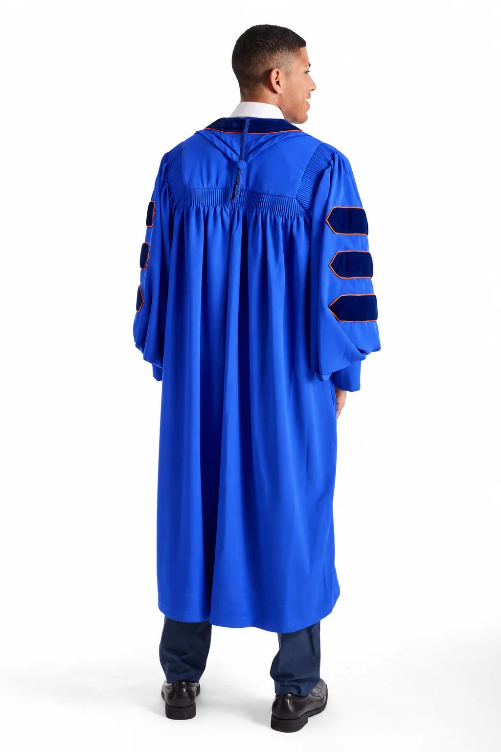 University of Florida blue doctoral gown with blue velvet panels and orange piping